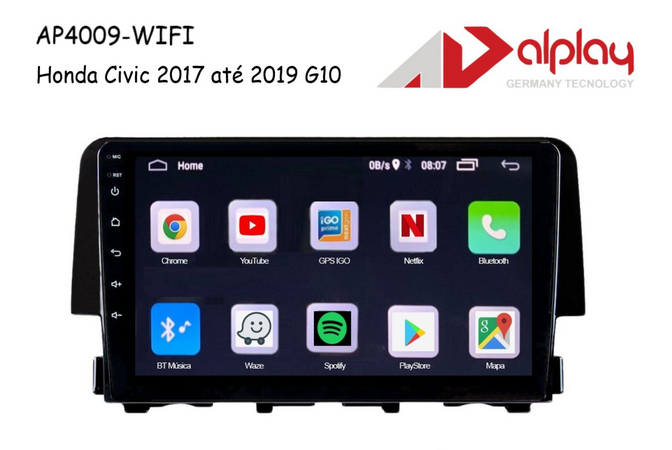 Central Multimidia Honda Civic 2017 até 2019 G10 Android Alplay AP4009-WIFI - 9 polegadas