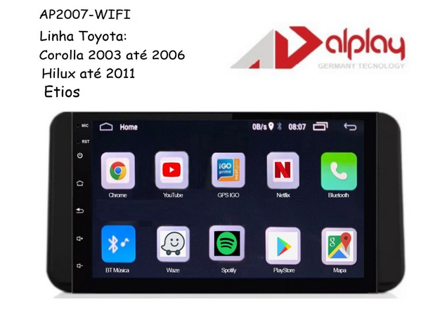 Central Multimidia Toyota Hilux até 2011 / Corolla 03 até 06 / Etios / Fielder Android Alplay AP2007-WIFI - 7 polegadas